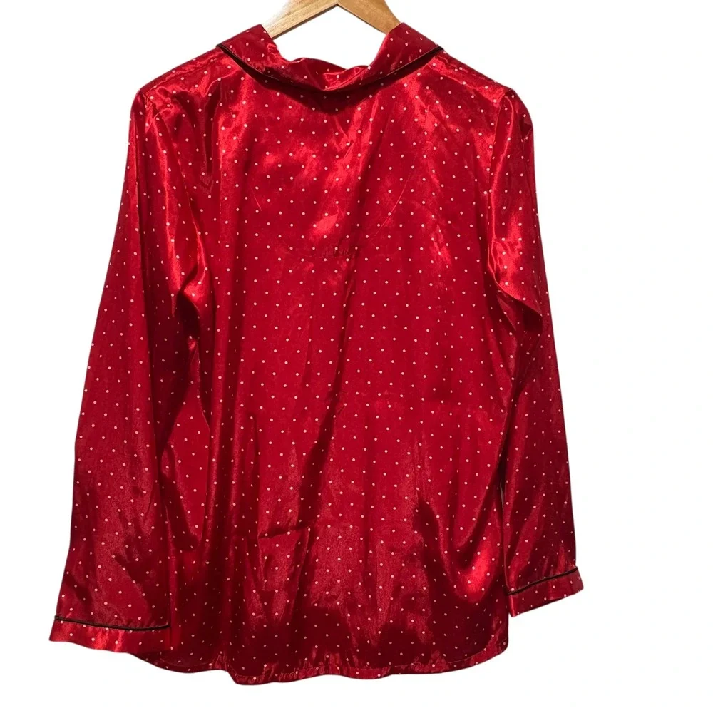 PINK K Victorias‎ Secret Satin Pajama Sleep Shirt Top Red M Polka Dot Loungewear - Picture 2 of 6